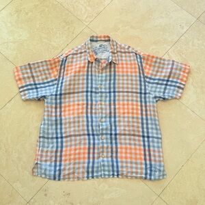 Tommy Bahama Relax Linen Shirt Mens XL Orange Blue Plaid Short Sleeve Button Up